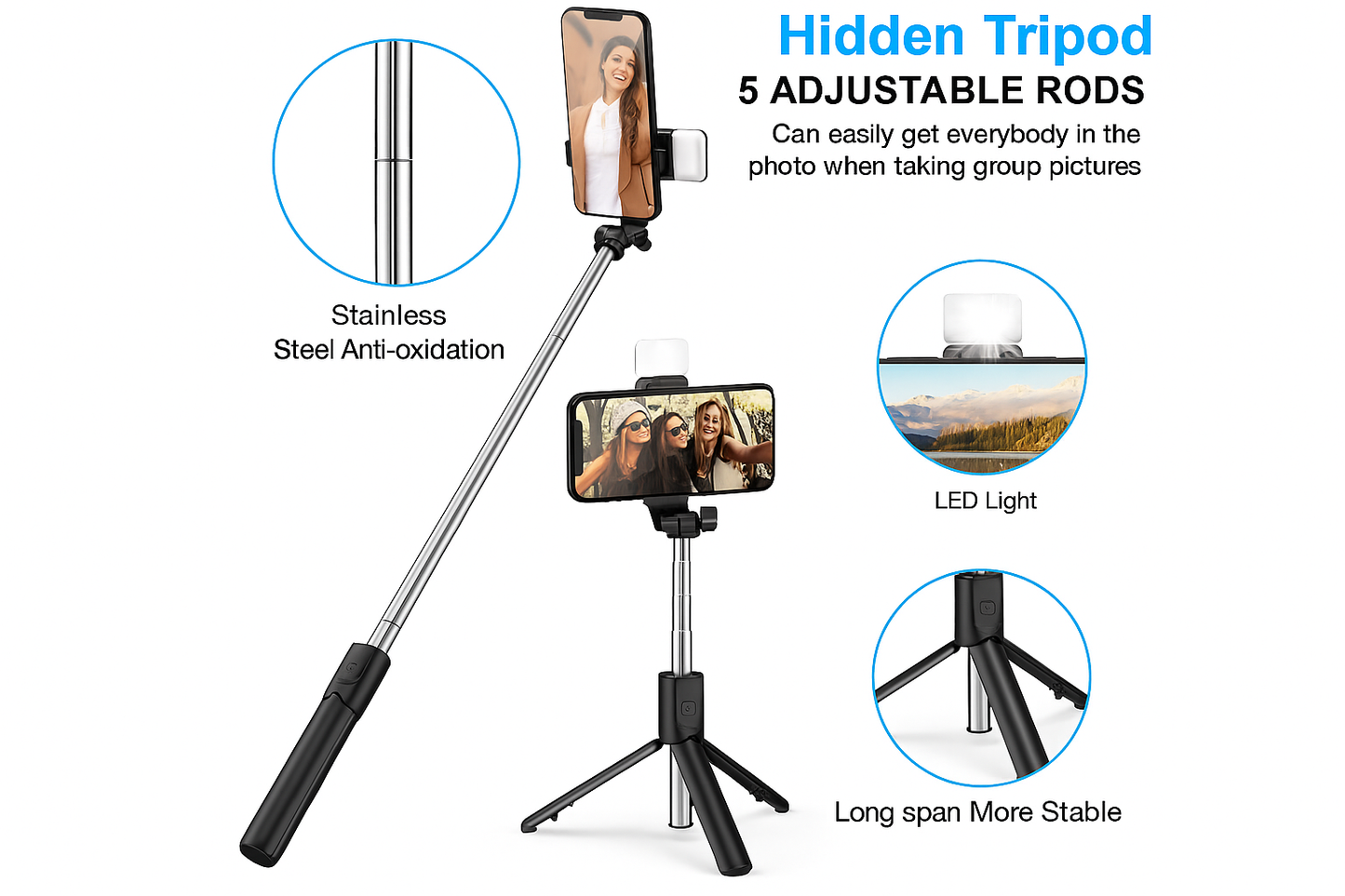 Extendable Flash 3-in-1 Selfie Stick Tripod with Bluetooth Remote